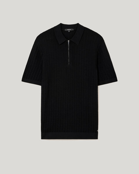 Textured Zip-up Knit Polo, Black, hi-res